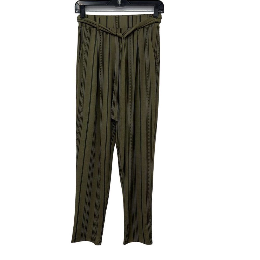 Cookies Clothing Women's Olive Green‎ Striped High-Waist Belted Pants Size S